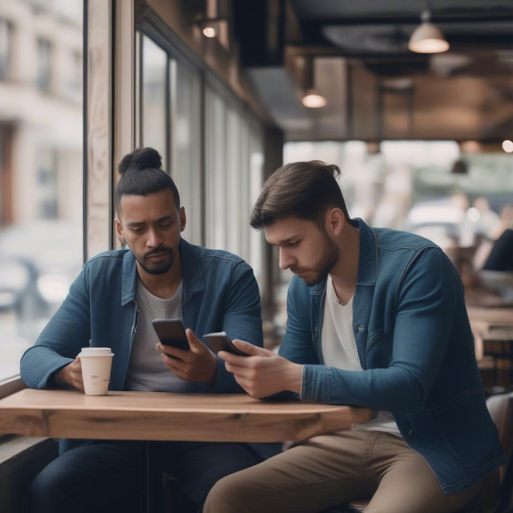 Man checking his phone secretively while with his partner. He seems nervous and avoids eye contact, suggesting he's hiding something.