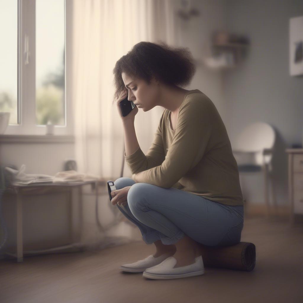 A woman looking determined and holding a phone, as if about to confront someone. The background is blurred, suggesting a private setting where she's preparing for a difficult conversation.