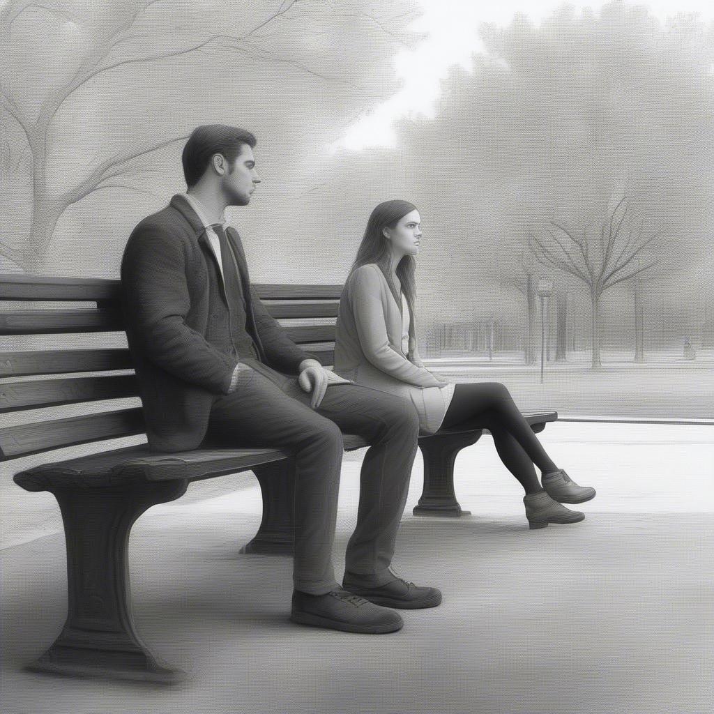 A couple sitting on a park bench, looking in opposite directions. The man looks distant and preoccupied, while the woman appears thoughtful and concerned.