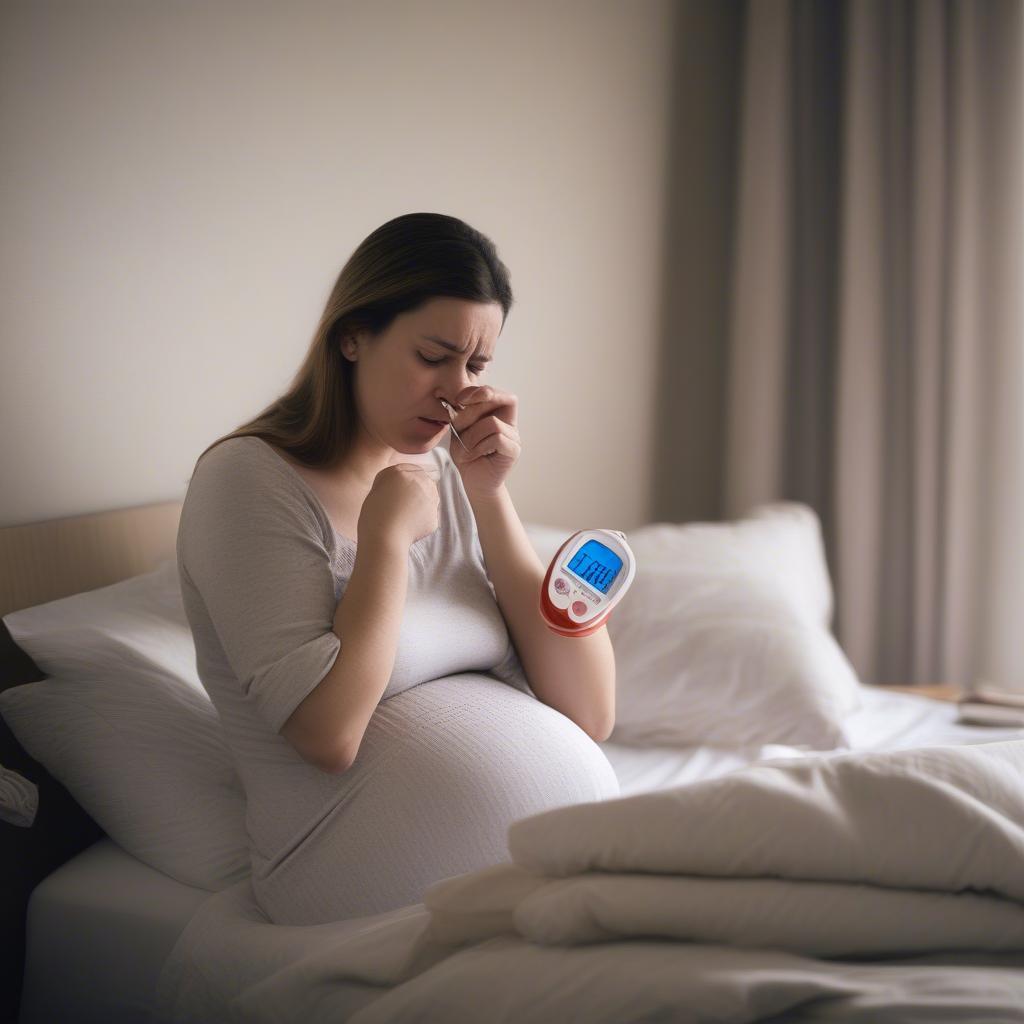 Pregnant woman checking her temperature with a thermometer