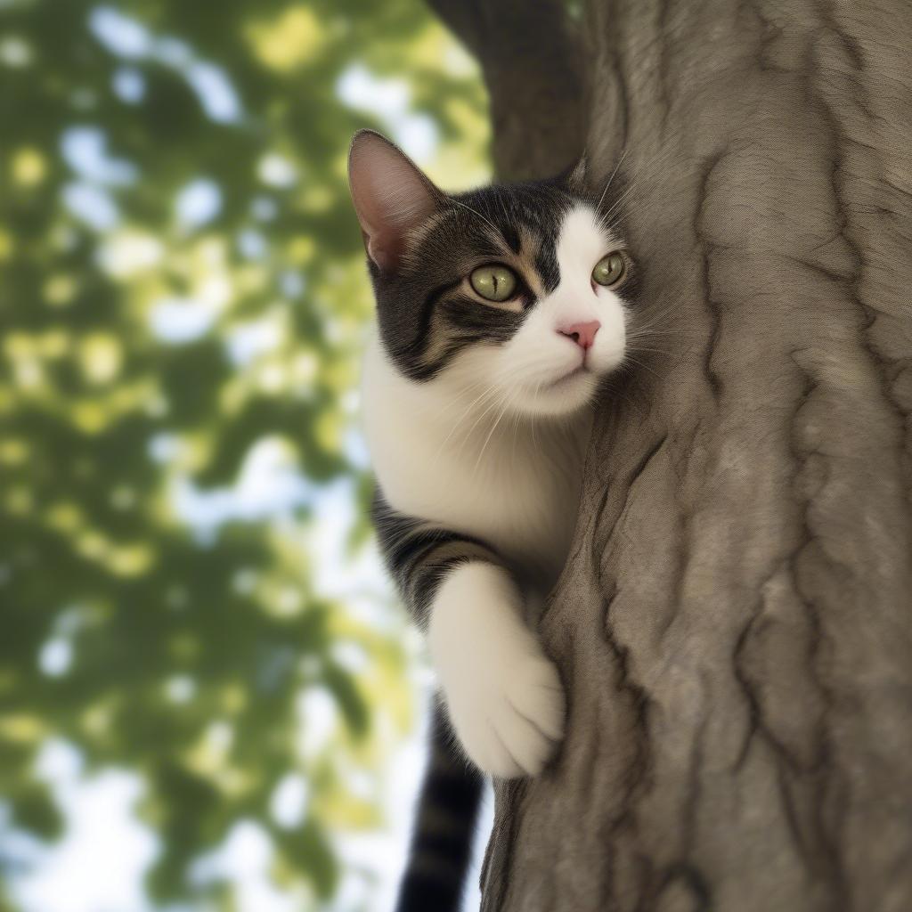 Look! The cat is climbing the tree.