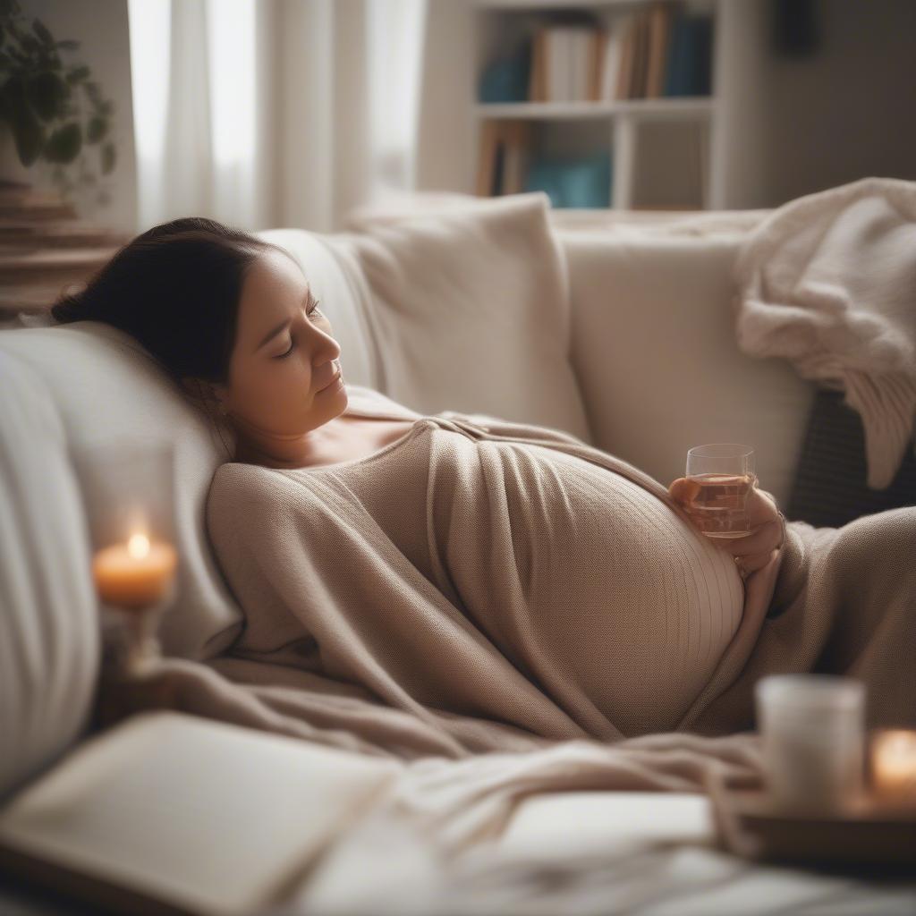 Pregnant woman drinking water and resting