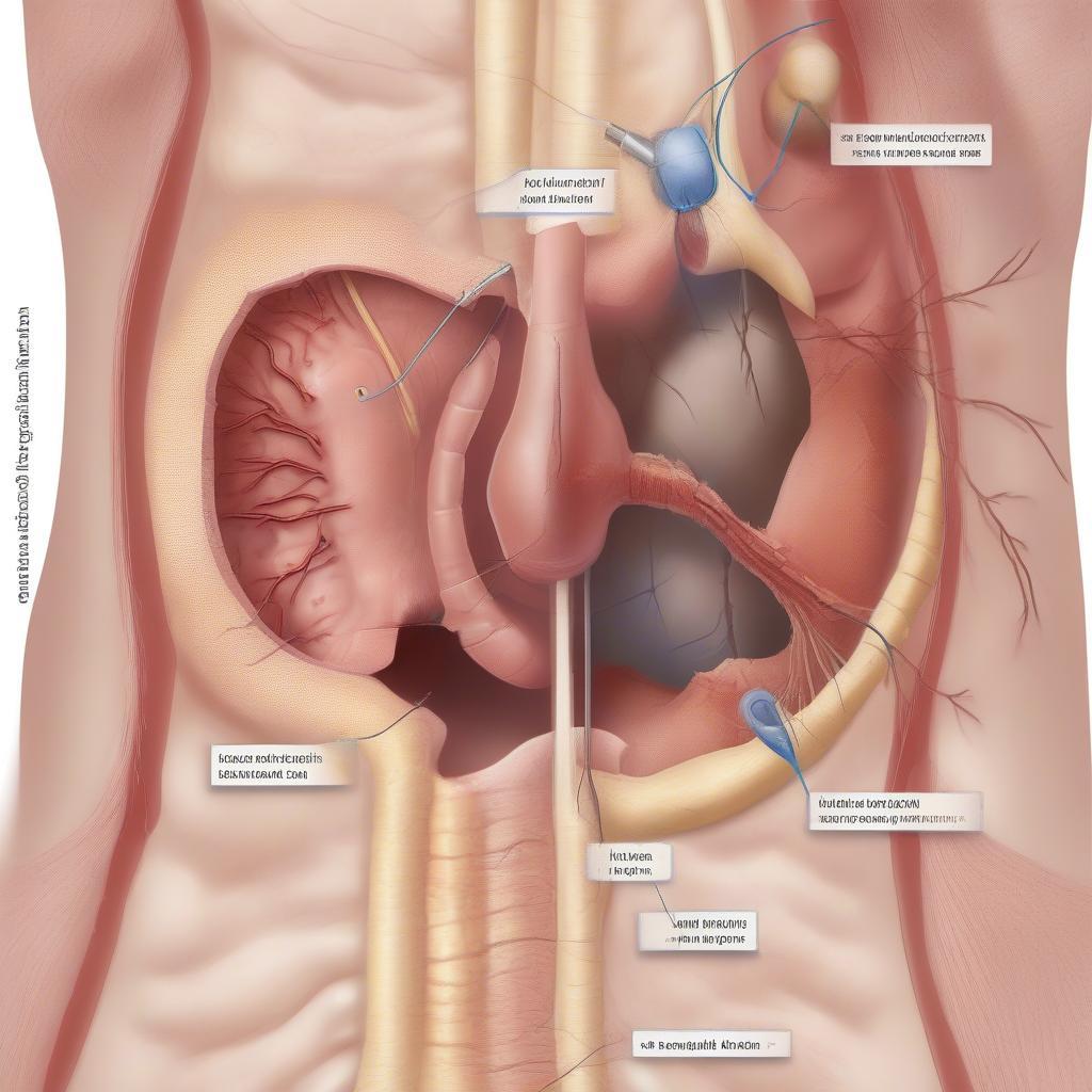 Hình ảnh mô tả các nguyên nhân gây đau vết mổ cũ sau mổ sỏi như tổn thương dây thần kinh, mô sẹo, nhiễm trùng