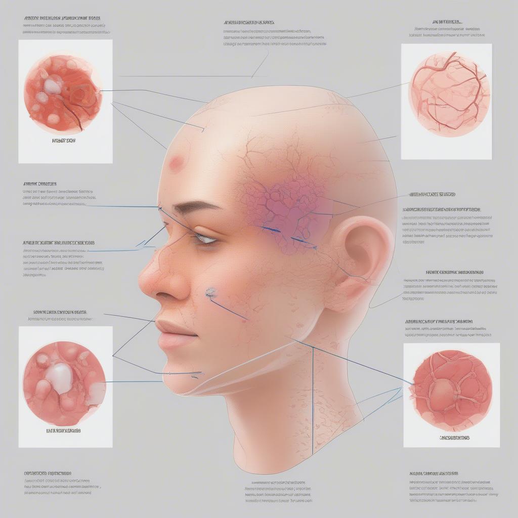 Nổi mụn và dấu hiệu bệnh tật: Hình ảnh minh họa các loại mụn khác nhau và vị trí xuất hiện của chúng trên khuôn mặt, liên quan đến các cơ quan nội tạng.